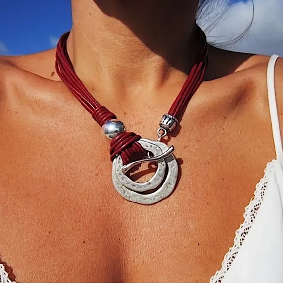 Bohemian Silver Hammered Statement Toggle Necklace, Tribal, Boho - Picture 4 of 5